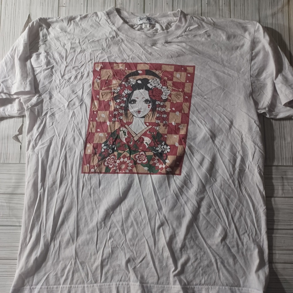 Japan Shine Geisha Graphic T-Shirt White Crew Neck Short Sleeve Size 2L